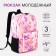 A backpack with a zipper, 3 outer pockets, pink color