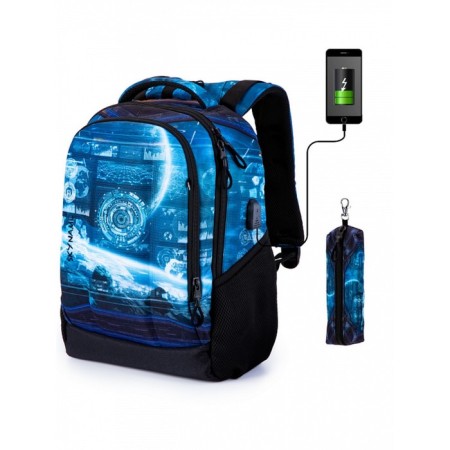 School backpack 38 x 27 x 16 cm, ergonomic back + pencil case, Skyname 57, black/blue, 57-43-1