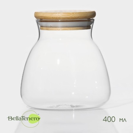 Glass Bank for bulk products with bamboo cover Bellatenero Bamboo, 400 ml, 9.5 × 9.5 cm