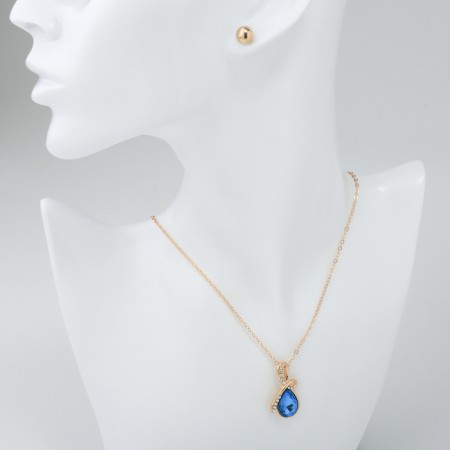 Set of 5 objects: 4 pairs fluffs, pendant “droplet”, white-blue color in gold, 40 cm-3