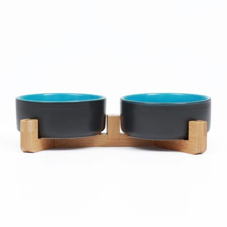 Double ceramic bowls on a stand of 2 x 450 ml 28.5 x 15.5 x 7 cm, gray/blue-3