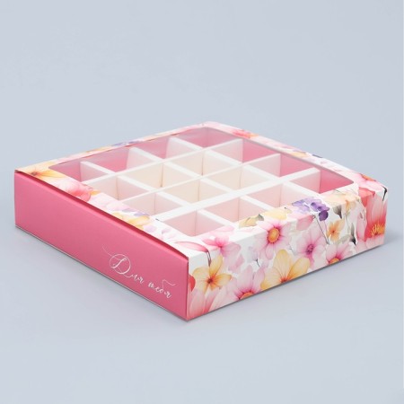 Box for sweets, confectionery packaging, 16 cells, “flowers” ​​17.7 x 17.7 x 3.8 cm-2