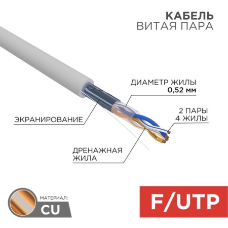 Bay cable twisted steam f/utp, cat 5e, zh ng (a) -hf, 2x2x0.52 mm, 24AWG, indoor, solid, gray, 305 m