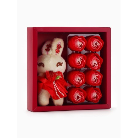 A set of soap roses in a box is 8 pieces, red and white with a hare-3