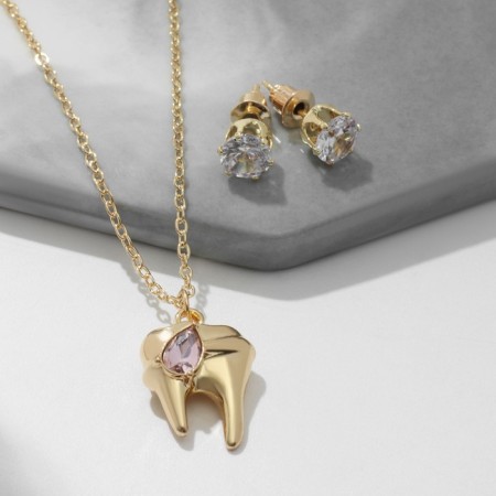 Set 2 objects: earrings, pendant "tooth", white-pink color in gold, 40 cm