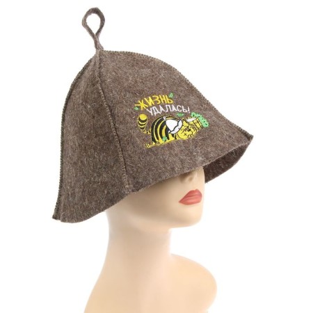 A hat for a bathhouse with embroidery from a gray felt "Life was a success!"-2