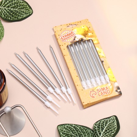 Candles in the cake of cocktail "Shain", 6 pcs, 10 cm, silver metallic-1