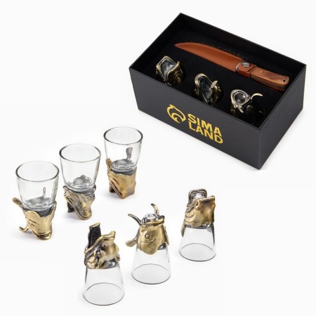 Gift set 4 in 1 "Best Fisherman": 3 stacks for vodka 50 ml, knife, bronze-3