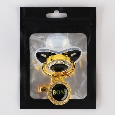 Set: nipple - Orthodontic dummy, with a chain holder. Boss, with a cap, +6 months, white/silver, rhinestones-6