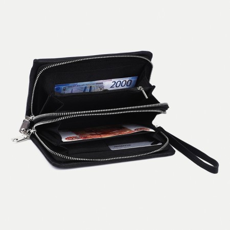 Male purse on lightning, department for bills, for maps, for coins, black color-2