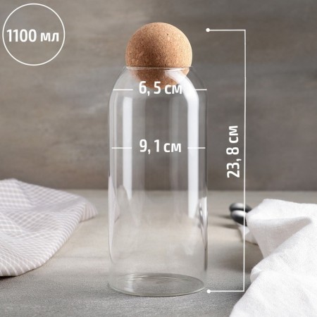 Glass Bank for bulk products with a cork cover "Eco", 1.2 l, 9.5 × 24 cm-3