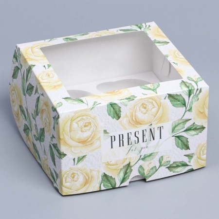 Capcake box, confectionery packaging with a window, 4 cells "White Roses", 16 x 16 x 10 cm