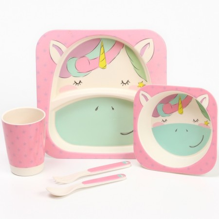 A set of bamboo dishes "Unicorn", plate, bowl, glass, devices, 5 items-2