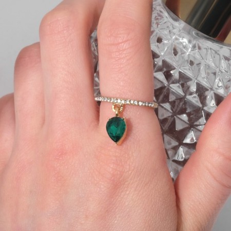 Ring "keychain" droplet, emerald color in gold, size 16-2