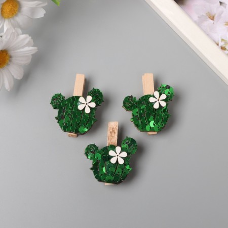 Decor for creativity wood "Procher. Cactus with flower" sequin set 3 pcs 1.5x4.8 cm