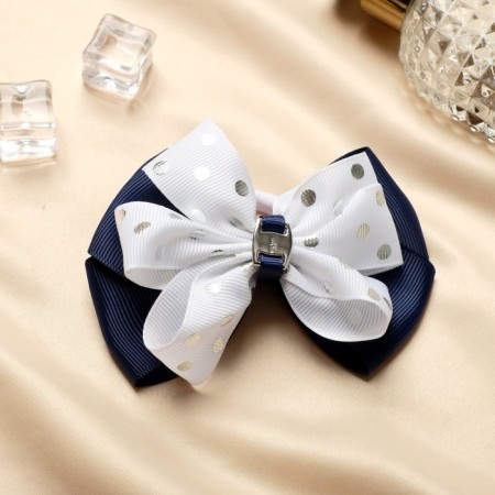 Hair elastic band "Schoolgirl" bow peas silver, 8 cm, white-blue