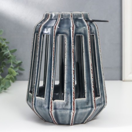 Ceramics candlestick for 1 candle "Lantern with cuts" Gray 19x14x14 cm-3