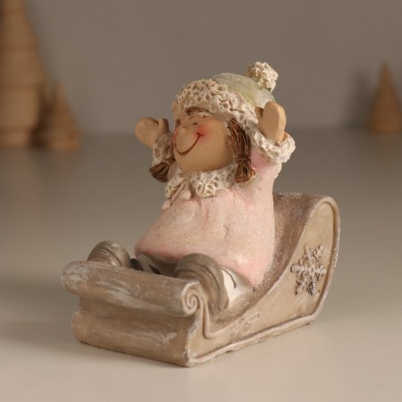 Souvenir Polystone "Baby in a sled, flies from the hill" Pink 9x7.8x9 cm-3