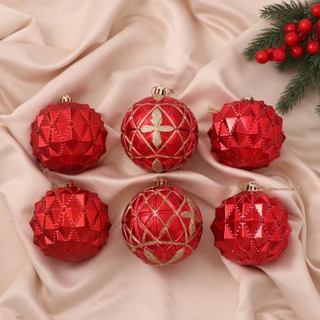 Set of balls plastic D-8 cm, 6 pcs "Beata mesh shine" golden red