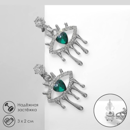 Earrings with rhinestones "melting" eyes, white-green color in silver