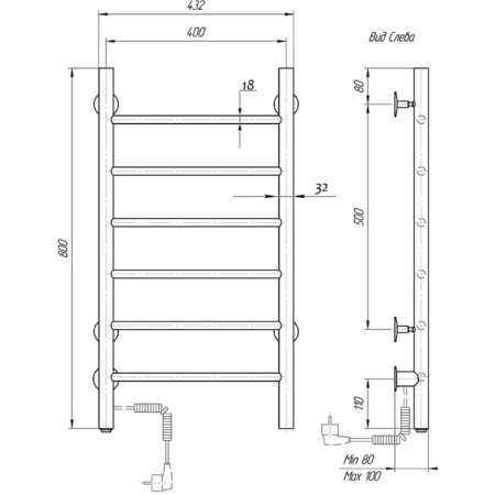 Domoterm electric heated towel rail "Aurora" 109-6, 400 x 800 mm, 6 crossbars, left-2