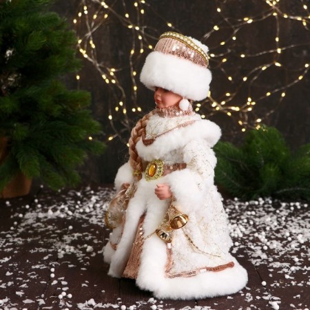 Snow Maiden "In a fur coat with sequins and a scythe" moves, 30 cm, beige-white-3