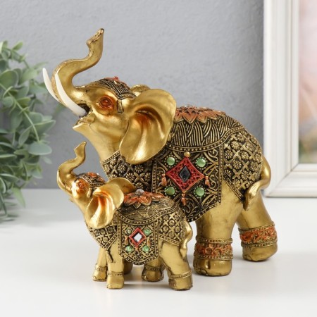 Souvenir Polystone "elephant and elephant in the blade with flower" Bronze 15x12.5x17.5 cm