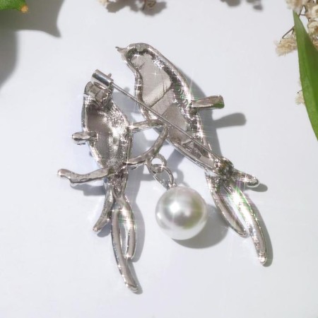 Brooch "Birds" Swifts, white-blue color in silver-1