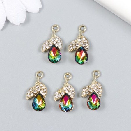 Decor for creativity metal, rhinestones "Two leaves with crystal" gold, green 1.1x2.1 cm-2