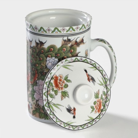 Ceramic mug with a lid and sieve "Flowers", 300 ml, white color-2