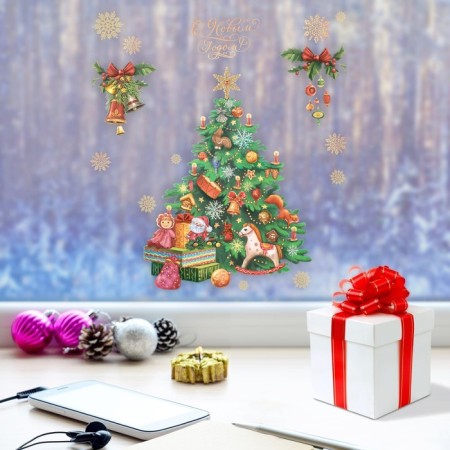 Stickers on the glass "New Year tree", reusable, 20 x 34 cm, New Year-2
