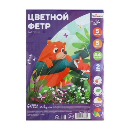 Color felt set, thick-2 mm, A4 format, soft, 5 sheets, 5 colors, saturated colors-10