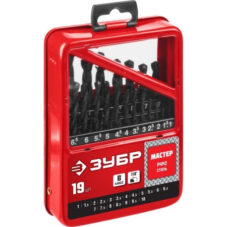Set of drill on metal bison, p4m2, cylindrical shank, 1-10 mm, 19 pcs, class B, case-1