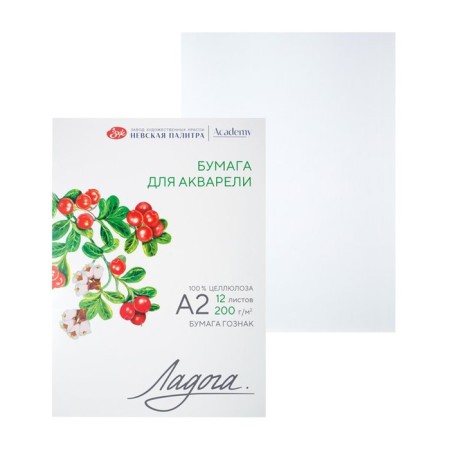 Watercolor paper in the A2 folder, Ladoga, 12 sheets, 200 g/m2, medium -grained, (252781934)