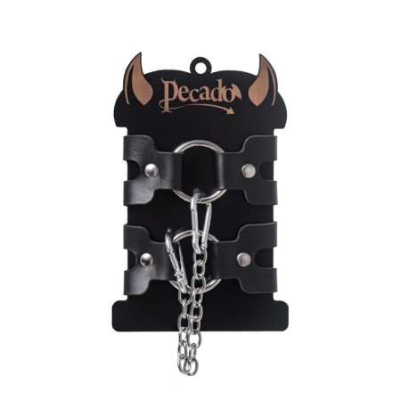 Pecado BDSM bracelets, two straps, genuine leather, black-6