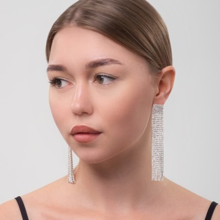 Hanging earrings with rhinestones "Waterfall" Square, white color in silver, 9.5 cm-3