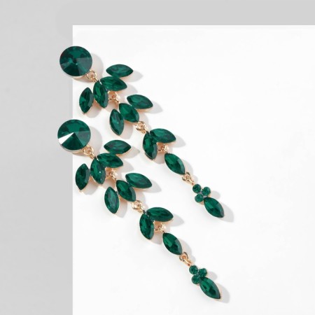 Hanging earrings with rhinestones "bun" deciduous, emerald color in gold, 9.5 cm-3