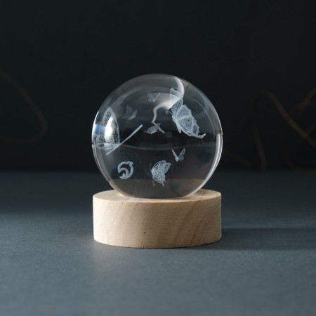 Souvenir Glass backlight "Ball. Butterfly" d = 6 cm stand wood, usb-5
