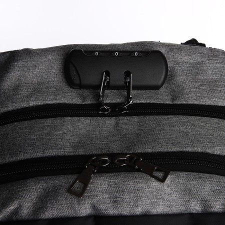 Male backpack on lightning, external pocket, code lock, suitcase mount, gray color.-4