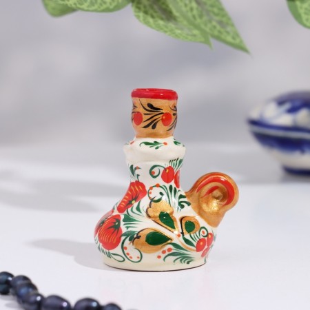 Hochloma candlestick with a handle, gzhel, view 2, color