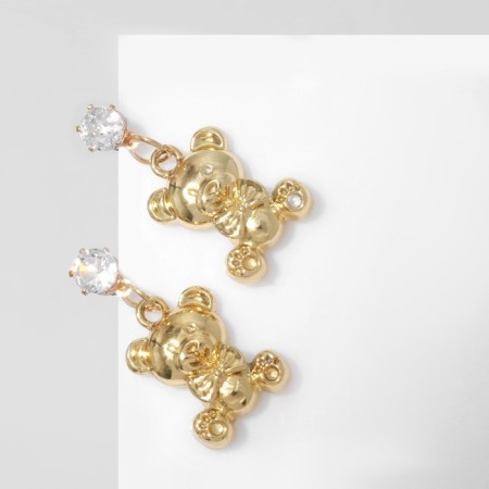Earrings with rhinestones "bears" plush with bows, white color in gold-1