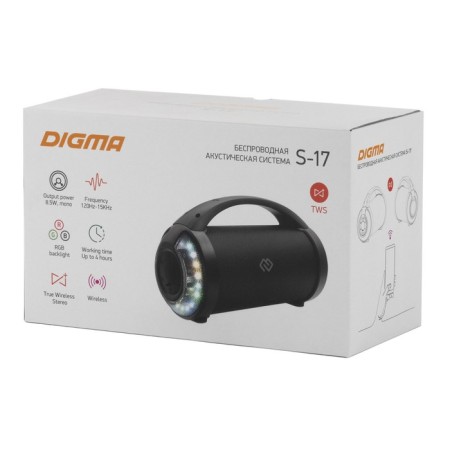 Column port. Digma S-17 Black 8.5W 1.0 BT/3.5JACK/USB 10M 1500MAH-6