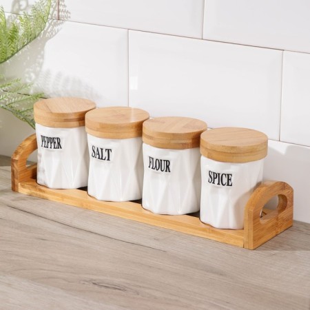 A set of ceramic cans for bulk products on an esthete wooden stand, 4 items: 200 ml, white color