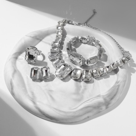 Set 4 objects: earrings, necklaces, bracelet, “evening” ring volume, white in silver-2