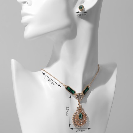 Set 2 objects: earrings, pendant “dew” flower, green-white color in gold, 48 cm-1