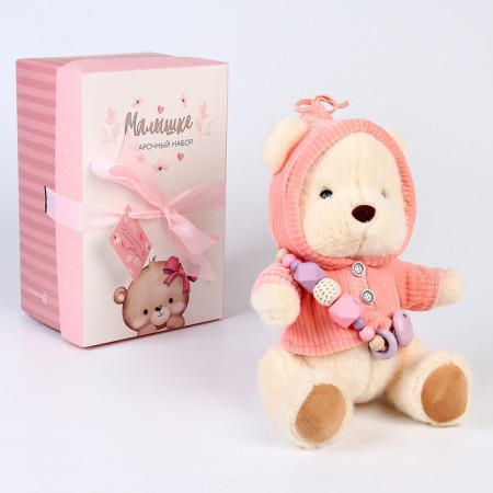 Gift set: Soft toy "Bear" + Holder for a dummy, pink-6