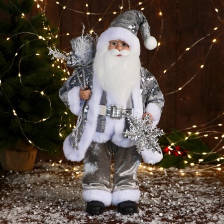 Santa Claus "In a suit with sequins and gifts" 43 cm, silver