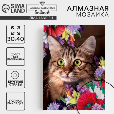 Diamond mosaic with full filling "Cat in flowers" 30x40 cm, canvas, capacity