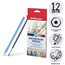 Pencils Watercolor 12 colors Erichkrause Wood, hexagonal, super -tied bar 3.0 mm, with a brush