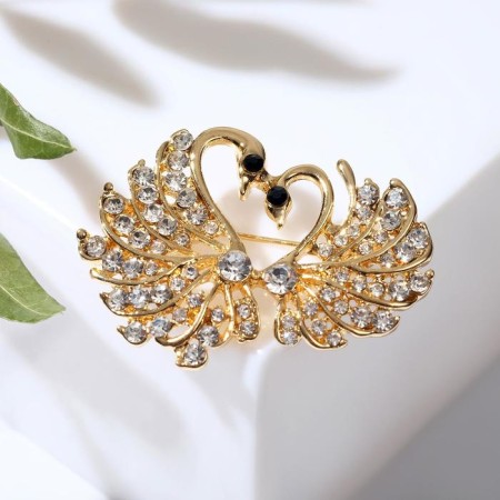 Brooch "Swans couple", white color in gold